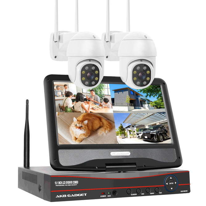 防犯カメラ ワイヤレス 500万画素 PTZ 自動追尾 2台セット 屋外 Wi-Fi 工事不要 10.1型モニター&HDD1TB フルカラー夜間 双方向通話　WS-10V-2WAC305