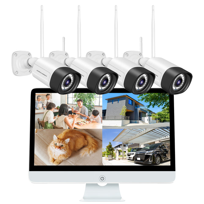 防犯カメラ 屋外 セット 家庭用 ワイヤレス wifi 16インチ モニター 大画面 カメラ4台 500万画素 赤外線モード 夜間 カラー スマホ遠隔監視 HDD付き WS-16WK-16V-4AC325