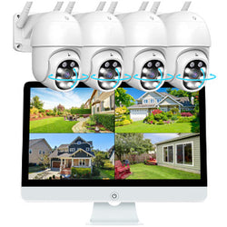 防犯カメラ 家庭用 屋外 工事不要 wifi 最大800万画素 4k PTZ 自動追尾 監視カメラ 4台セット セキュリティカメラ ワイヤレス 16インチモニタ― 大画面