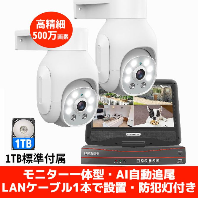 防犯カメラ poe給電 屋外 PTZ機能 2台セット 家庭用 監視カメラ AI自動追尾 10インチ モニター付き 　2hd405-w1tb500万画像 赤外線モード 双方向音声 遠隔監視 防水 電源不要 POE-10V-E8-2WAC405W