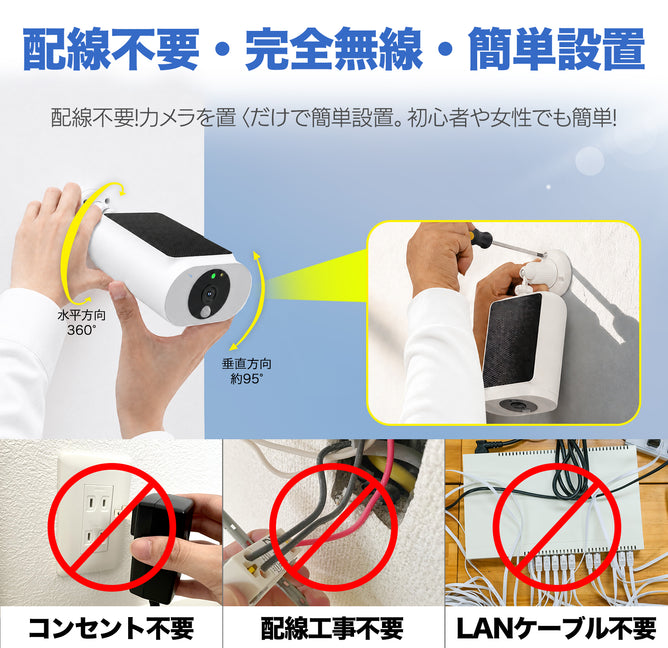 防犯カメラ 屋外 Wifi ソーラー一体型 赤外線暗視 人感センサー センサーライト付き 家庭用 400万画素 充電式 電源不要 監視カメラ 動体検知 双方向会話 SD録画　ASC-06