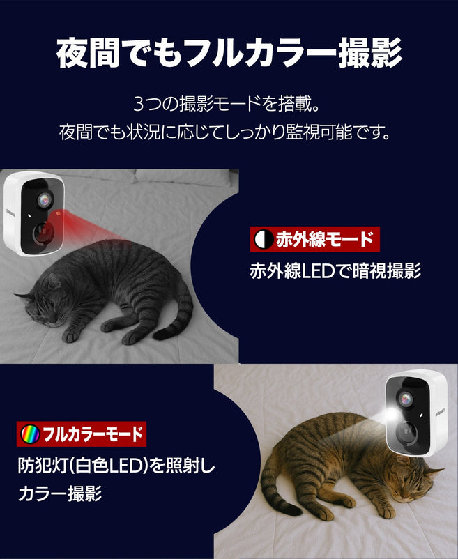 防犯カメラ 家庭用 見守りカメラ ペットカメラ バッテリー内蔵 屋内屋外両用 ベビー スマホ 同時通話 上書き録画 400万画素 ワイヤレス SD録画 ソーラー対応