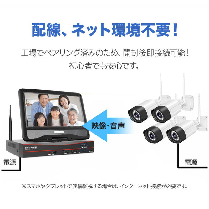 防犯カメラ 屋外 セット 家庭用 監視カメラ 4台 500万画素 モニター一体型 ワイヤレス wifi HDD内蔵 常時録画 簡単設定 1年保証　05023
