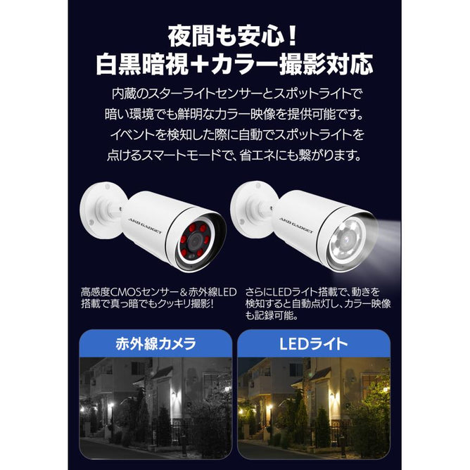防犯カメラ poe給電 屋外 セット 家庭用 赤外線モード 監視カメラ 国内保証 工事不要 電源不要 2台 モニター付き ネットワークカメラ 500万画素 HDD付き　POE-10V-E8-2AC905