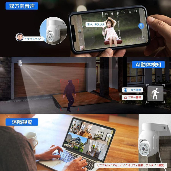 防犯カメラ poe給電 屋外 PTZ機能 2台セット 家庭用 監視カメラ AI自動追尾 10インチ モニター付き 　2hd405-w1tb500万画像 赤外線モード 双方向音声 遠隔監視 防水 電源不要 POE-10V-E8-2WAC405W