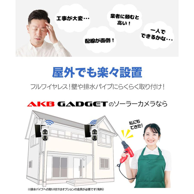 防犯カメラ 屋外 ソーラー ワイヤレス 二眼 400万画素 PTZ 人体検知 防水 SD録画 スマホ対応