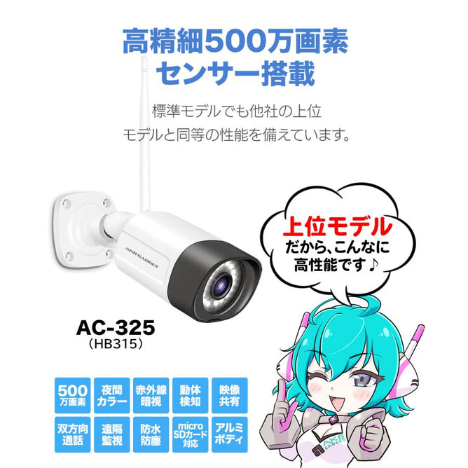 防犯カメラ 家庭用 屋外 ワイヤレス AI 動体検知 wifi 防水防塵 双方向音声 遠隔監視 500画素 ネットワークカメラ 監視カメラ SDカード録画 NVR増設可能　AC-325