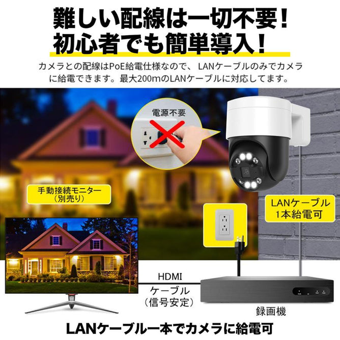 防犯カメラ 屋外 セット 800万 家庭用 レコーダー PoE給電 IPカメラ 屋内 4台 有線 自動追尾 PoE ネットワークカメラ AI検知 4K 録画機 防水 夜間カラー POE-E8-4WAC908