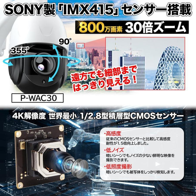 防犯カメラ 屋外 家庭用 POE給電 800万画素 パンチルト 30倍 光学ズーム 夜間カラー撮影 双方向会話 防水 遠隔監視 上書き録画 ナイトビジョン 屋内 Yシリーズ POE-Y8-1WAC30