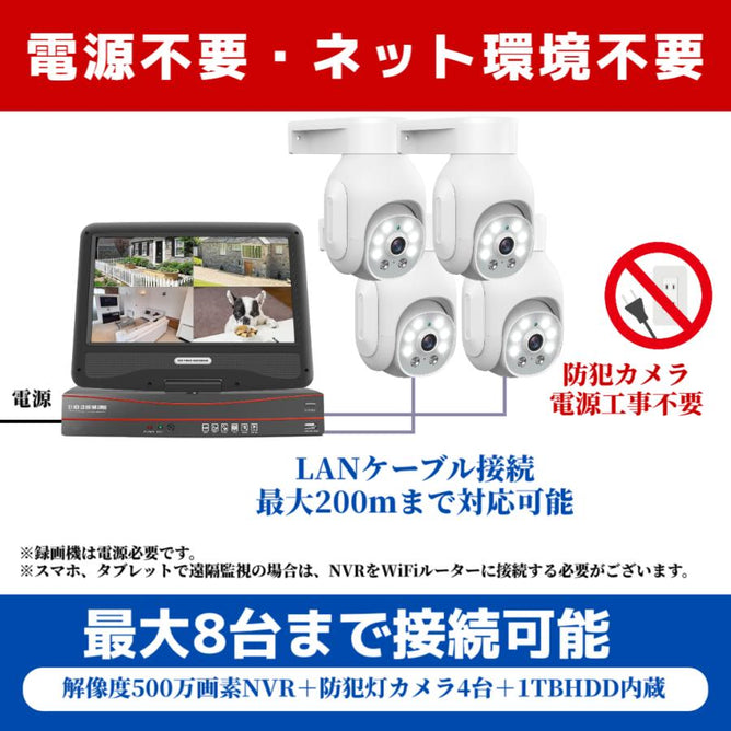 防犯カメラ 屋外 セット 家庭用 poe給電 PTZカメラ ４台セット 10インチ モニター 500万画像 防犯灯付き 動体検知 AI自動追尾 常時録画 遠隔監視 監視カメラ POE-10V-E8-4WAC405W