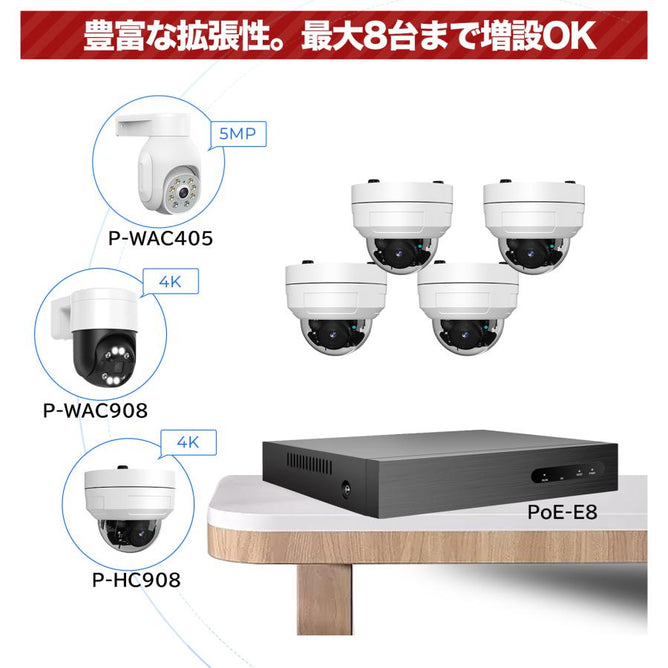 防犯カメラ 屋外 セット 800万 家庭用 レコーダー PoE給電 IPカメラ 屋内 2台 有線 自動追尾 PoE ネットワークカメラ AI検知 4K 録画機 防水 夜間カラー POE-E8-2HC908