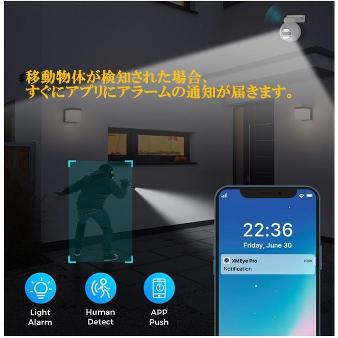 防犯カメラ 屋外 WiFi PTZ 自動追尾 400万画素 4K 監視カメラ ワイヤレス スマホ遠隔監視 SDカード 録画 AI人体検知 センサーライト 防水　WAC-614